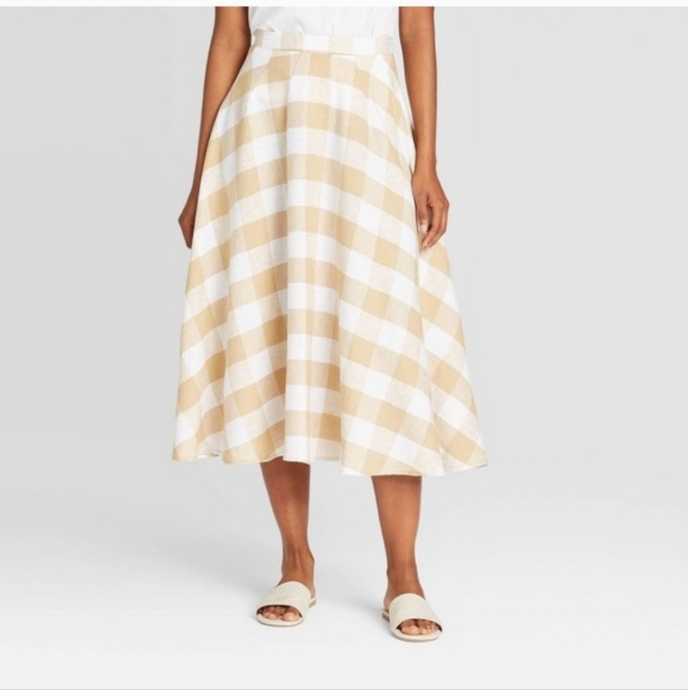Who What Wear Beige and White Gingham Midi Skirt